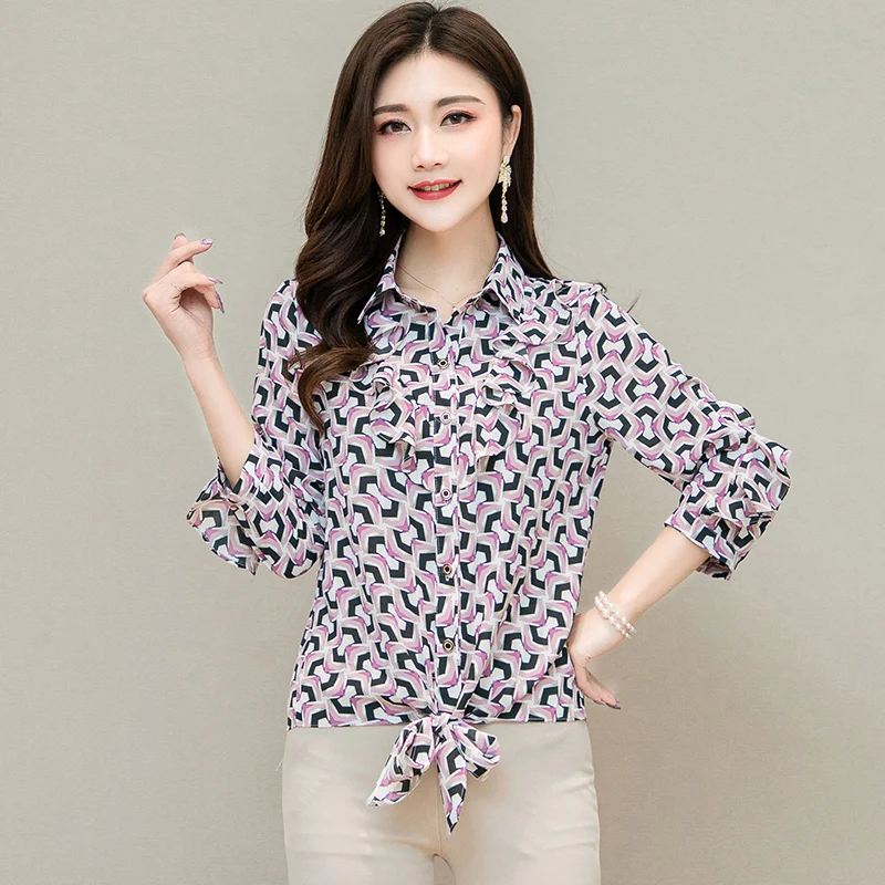 

Fashion 3 Colors Stripes Design Women Shirts Casual Femme Three Quarter Sleeve All-match Women Blouse L-3XL