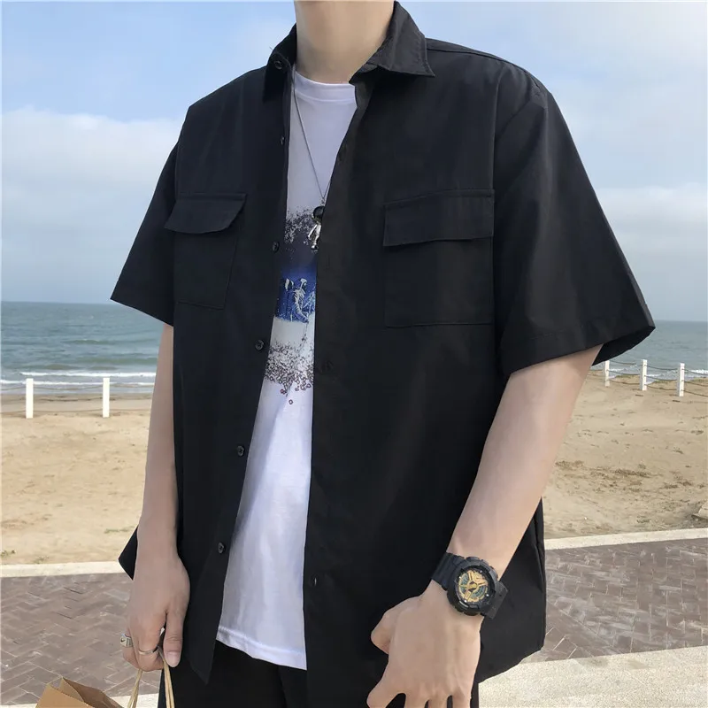 

Men Shirts Oversize 3XL Short Sleeve Button Turn-down Collar Pockets Safari Style Retro Ins Baggy Casual All-match 2021 Chic
