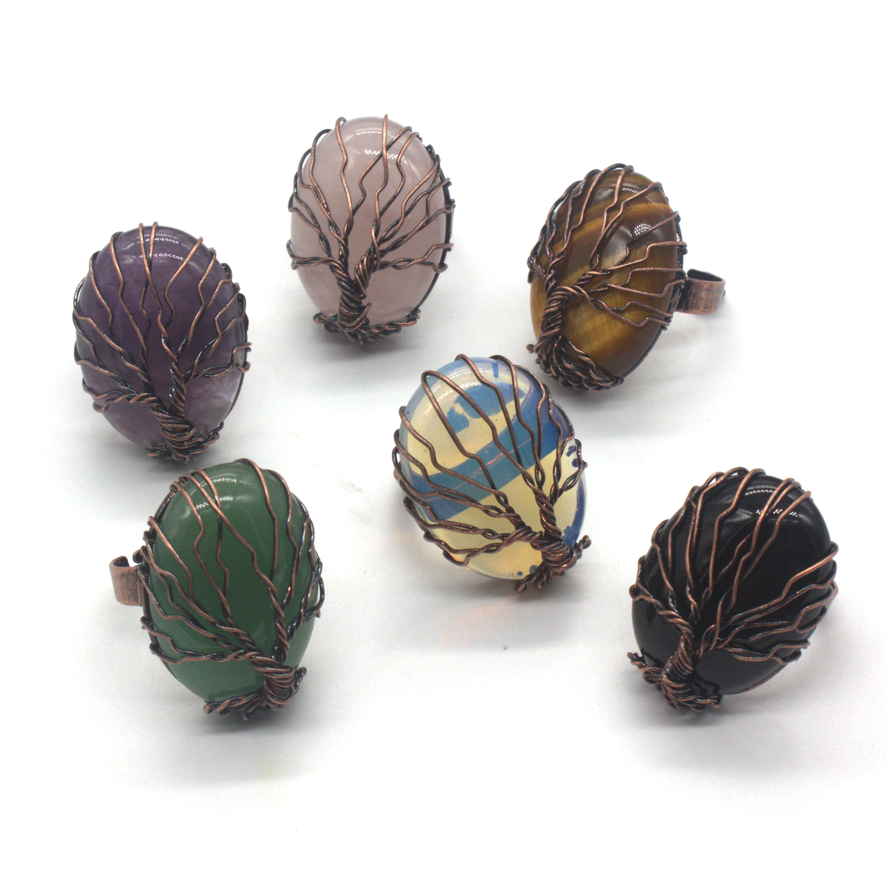 

100-Unique 1 Pcs Copper Plated Wire Wrap Oval Shape Quartz Stone Adjustable Finger Ring Tree of Life Jewelry