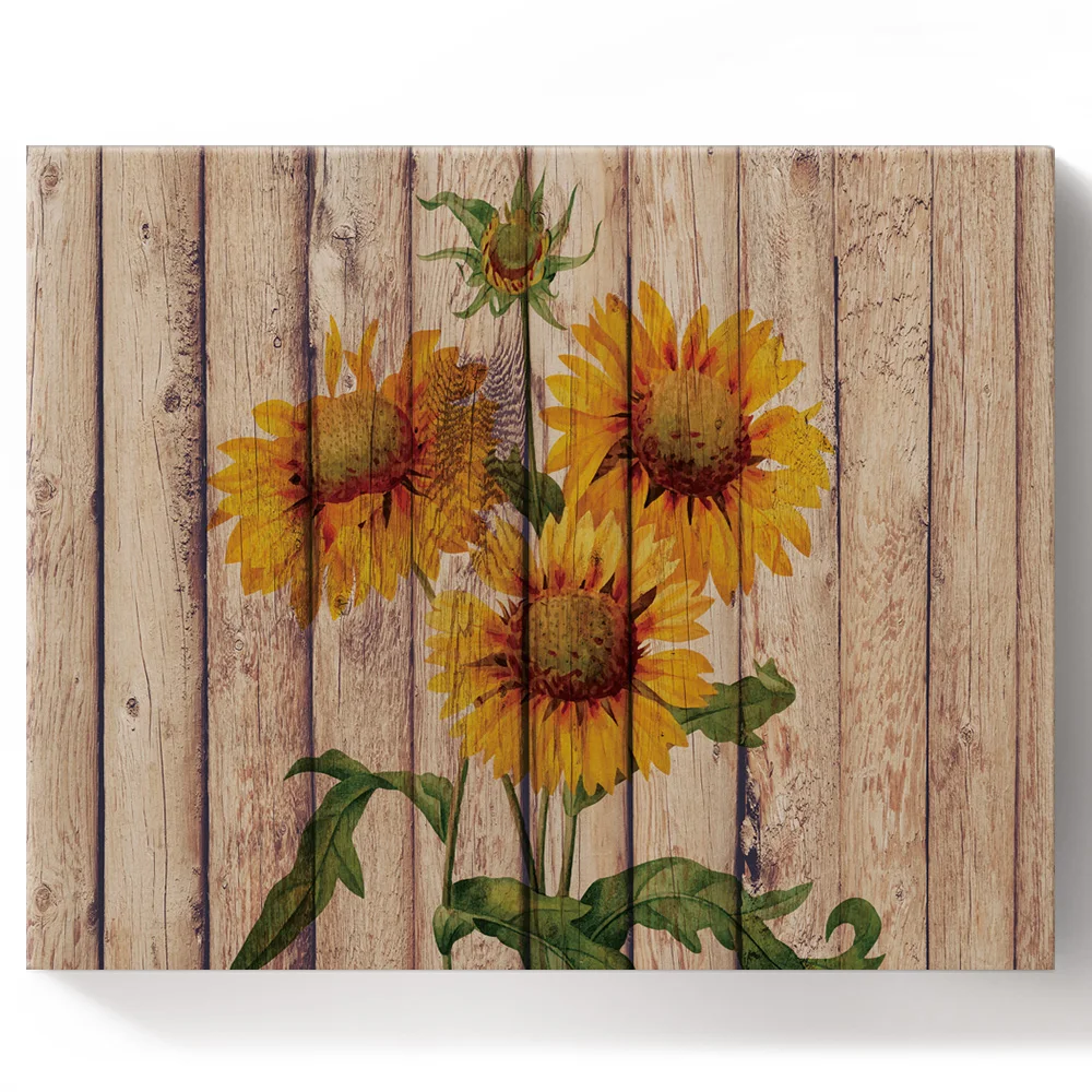 DIY картина по номерам фотографии Подсолнухи в деревенском стиле Вуд Холст
