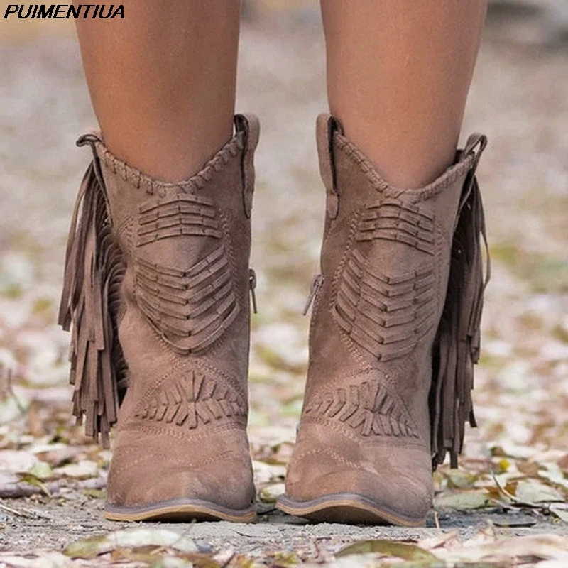 Ковбойские сапоги PUIMENTIUA с кисточками для женщин кожаная обувь на низком каблуке
