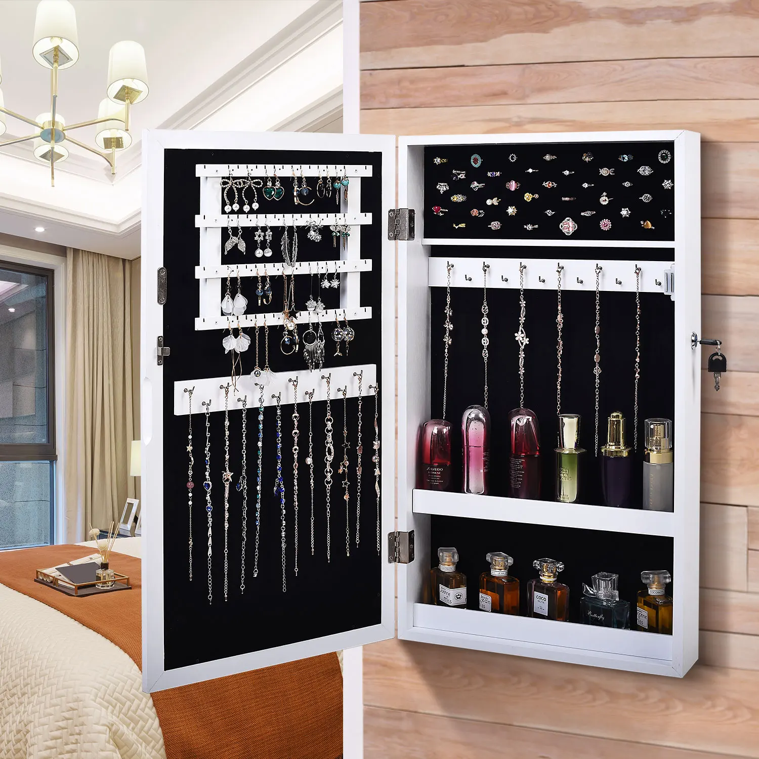 Bedroom Furniture Wall-mounted Mirror Jewelry Storage Cabinet Small Storage Cabinet Cosmetic Lockable Wall Storage Mirror