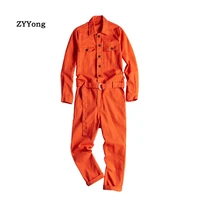 zyyong lapel long sleeve orange red mens jumpsuit hip hop casual loose multi pocket overalls comfortable cargo pants trousers