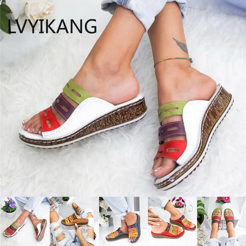 

vertvie 2019 New Summer Women Sandals Stitching Sandals Ladies Open Toe Casual Shoes Platform Wedge Slides Beach Woman Shoes