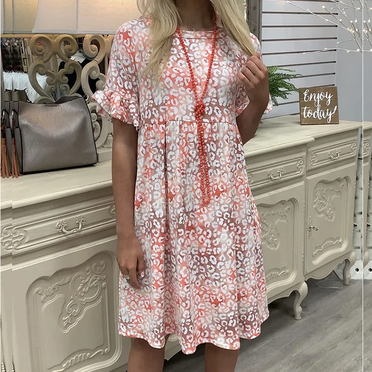 

Women Boho Short Ruffled Sleeve Floral Print Dress Summer Casual O-Neck Loose Sundress Holiday Beach Knee-Length Female Vestidos
