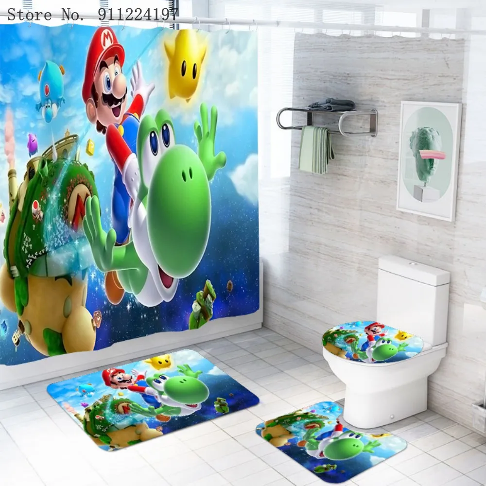 3D Cartoon Game Brothers 4 Pieces Shower Curtains With 12 Hooks Pedestal Rug Lid Toilet Cover Bath Mat Set For Bathroom Decor enlarge