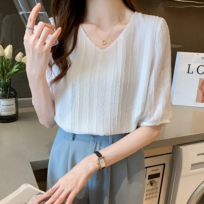 

Moda De Blouse Women Shirt Sleeve Top E952 Short Tops Blouses Summer Chiffon Blouse Blouse V-Neck Mujer Blusas Femme Women Tops
