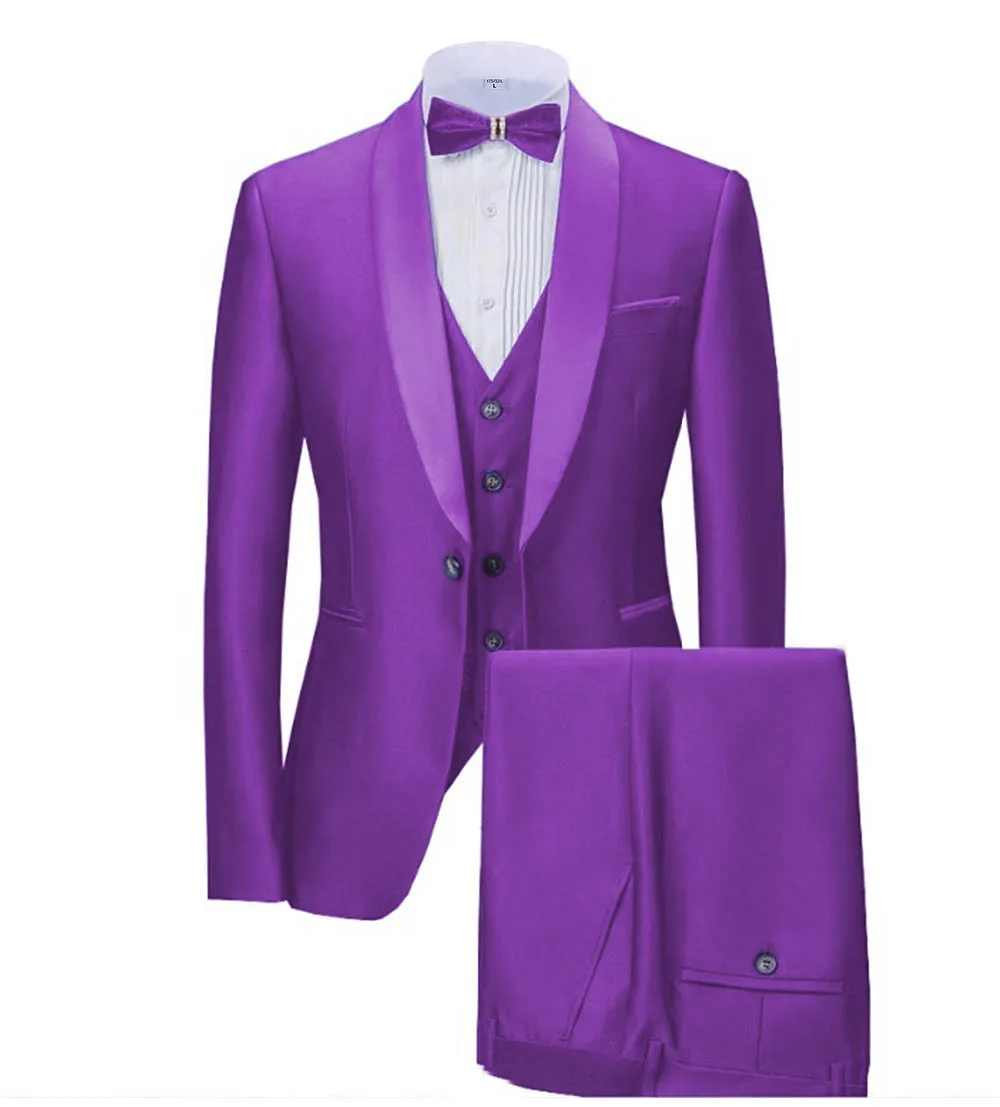 purple Новинка, темно-синие мужские костюмы, 3 предмета, деловой Блейзер, смокинги, шаль с отворотом для свадьбы, жениха(пиджак+ жилет+ брюки - Цвет: purple