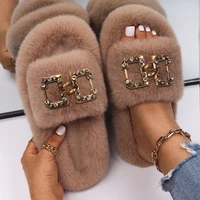 slippers women fluffy flip flops square rhinestone buckle faux fur slides home cozy slippers luxury designer sandals fuzzy shoes