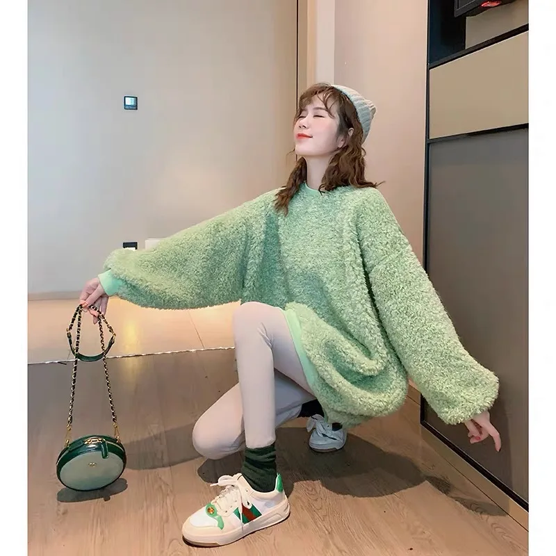 

Women Casual Fluffy Fleece Sweatshirt Autumn Winter Warm Pullover Fashion Long Sleeve Tops Ladies Hedging Solid Sweatshirt