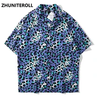 harajuku summer hawaiian beach shirts leopard print hip hop button shirt mens fashion short sleeve holiday party blouse tops