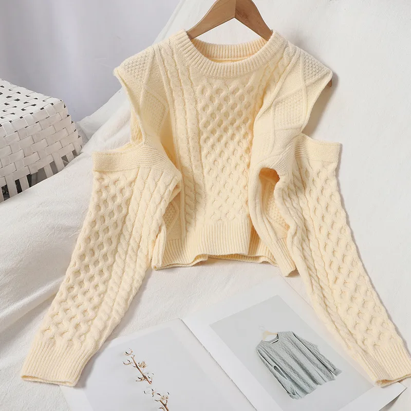 

Women Plaid Twist O-Neck Off-Shoulder Knit Pullover Short Sweater Top 2021 Spring Autumn Solid Color Long Sleeve Chic Pull Femme