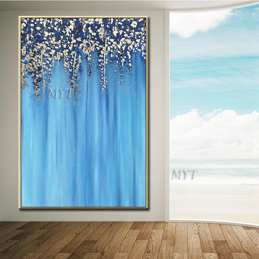 Золотые цветы и растения висят сверху ручной работы картина на холсте в современном стиле домашнего декора красивая.