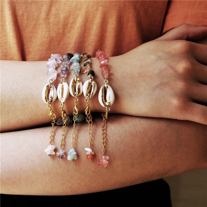 Богемный натуральный Каури Браслет-ракушка Кристальные чипы из натурального