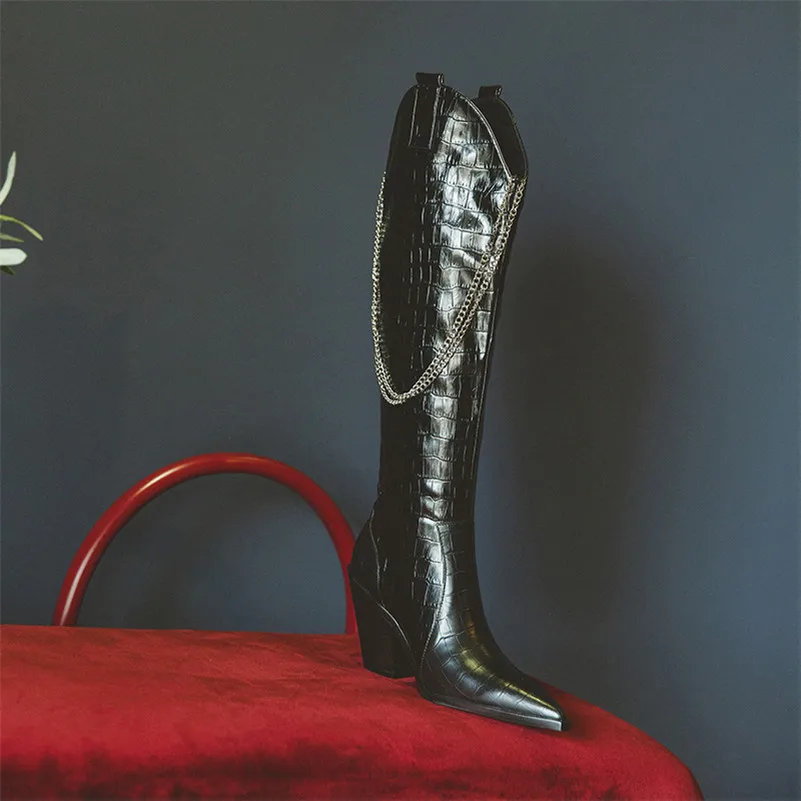 

Meotina Pleated Real Leather Super High Heel Western Boots Knee High Boots Women Shoes Pointed Toe Thick Heels Chain Long Boots