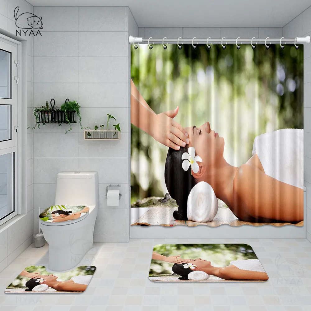 

180x180cm Zen Stone Shower Curtain Bamboo Lotus Fabric Bathroom Curtains Set Non-Slip Rugs Toilet Lid Cover Mat Carpet