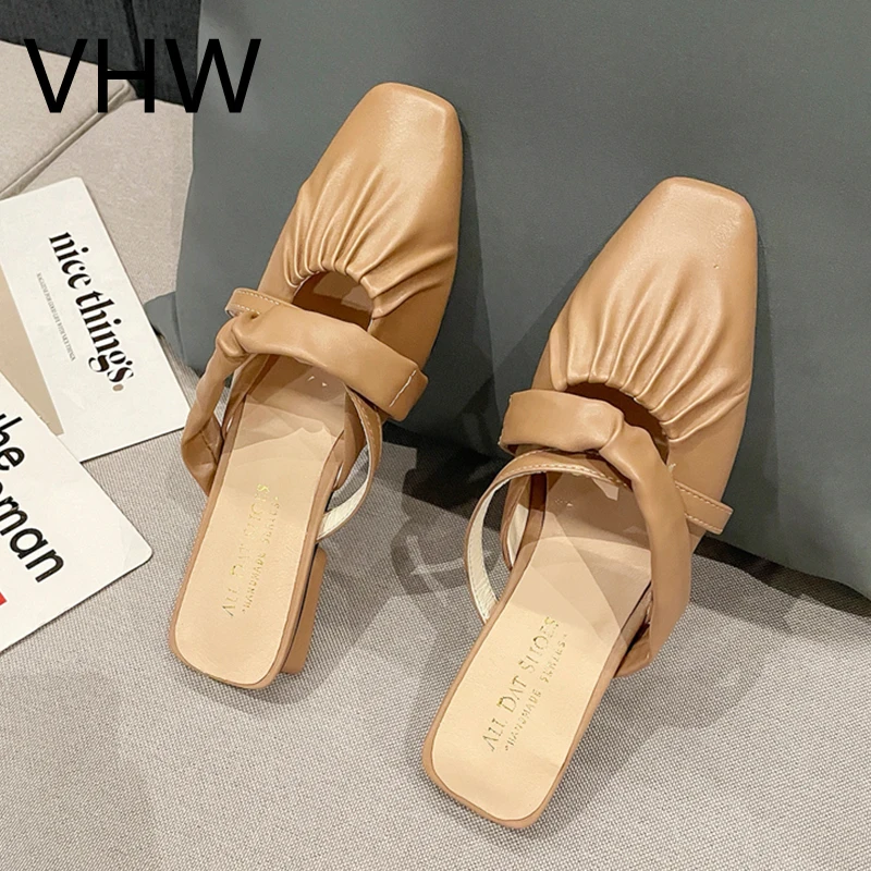 

Women Mules Shoes Pointed Toe Heels Leather Slippers Ladies 2021 Spring Summer Fashion Elegant Pumps Women Slippers