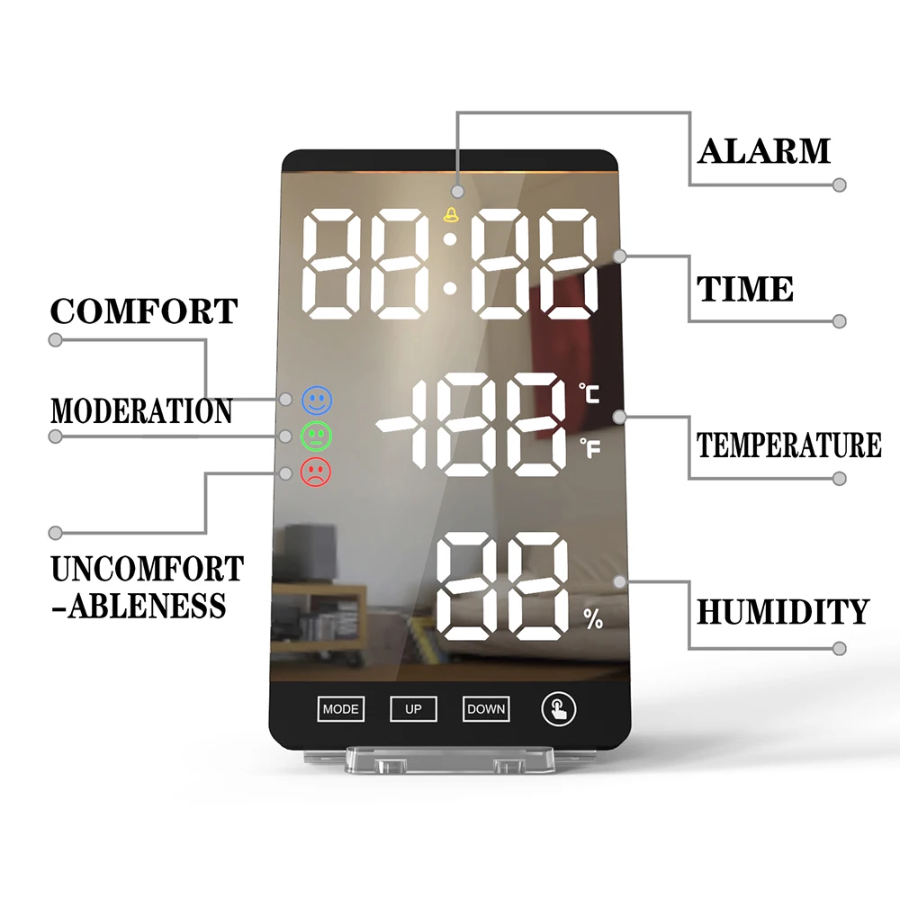 

6 Inch LED Mirror Alarm Clock Touch Button Wall Digital Clock Time Temperature Humidity Display USB Output Port Table Clock