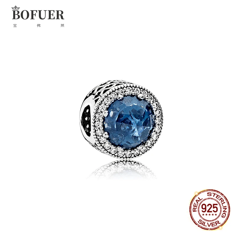 

BOFUER Fit Original S925 Sterling Silver Pandora Bracelet Ocean Mystery Sapphire Stones Beads Blue Charms For Women Fine Jewelry