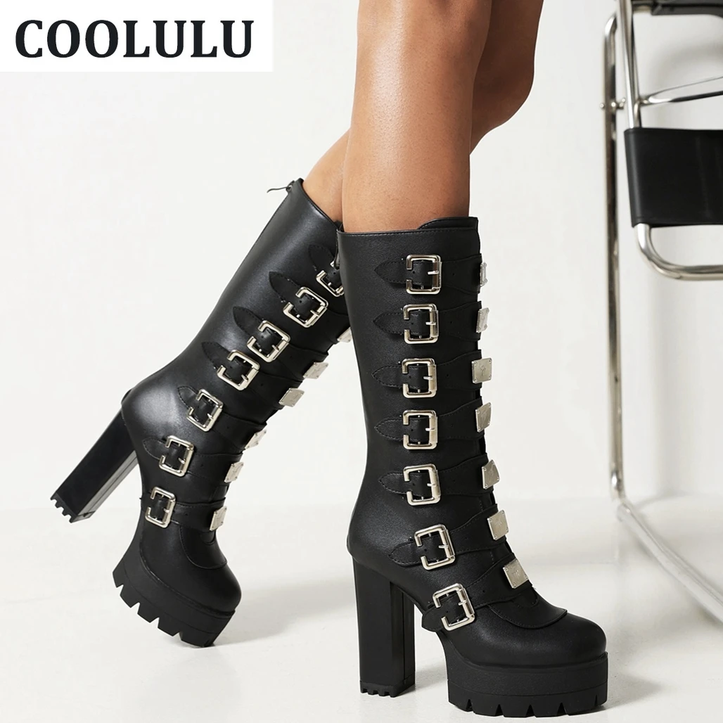 

COOLULU Punk Boots for Women Square High Heel Round Toe Ankle Boots Platform Strappy Gothic Boots Women Shoes High Heel Boot