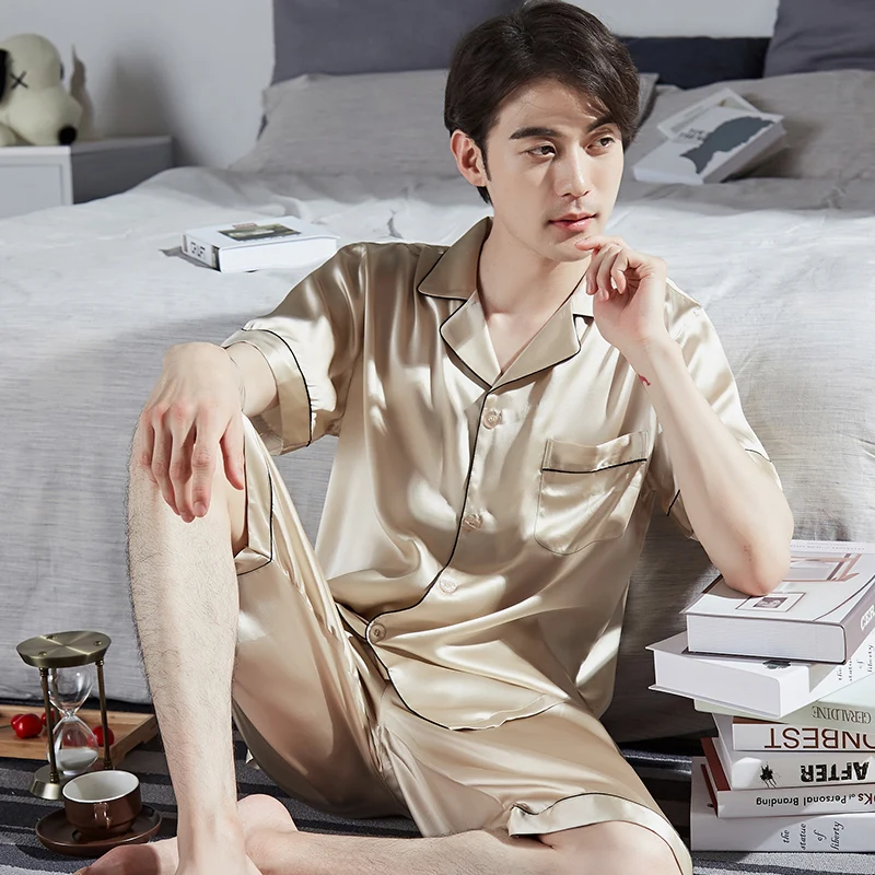 Men's Summer 100% Silk Pajamas Sets Solid Lxury Pure Silk Pijamas Sleepwear Male Home Clothes Short-sleeve 2 Pcs Pyjamas Suit