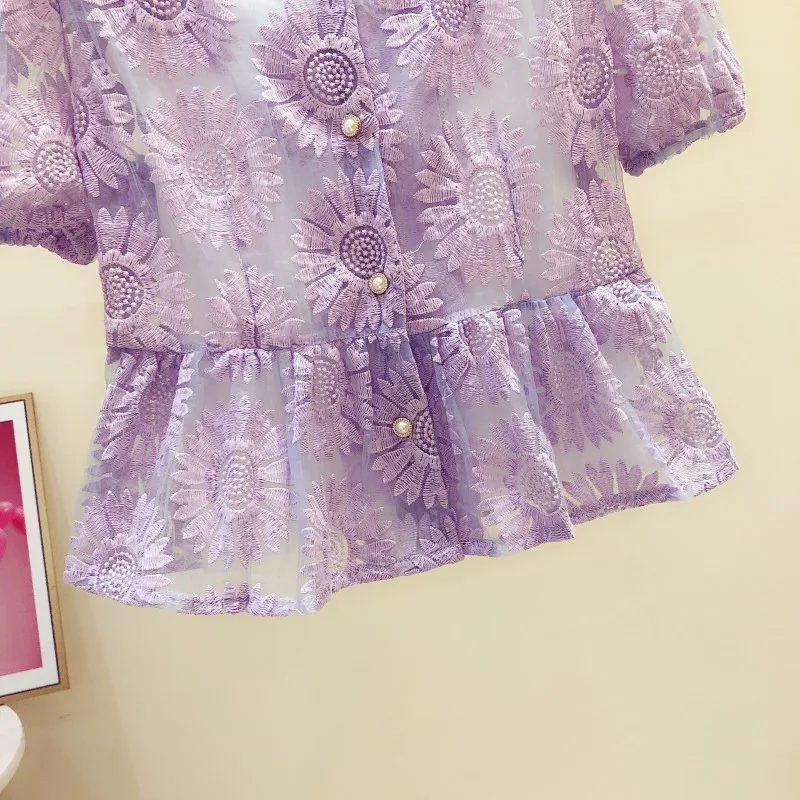 

French Crocheted Embroidered Flower Square Collar Blouse Short Sleeve Lace Shirt for Women 2021 Summer New High Waist Slim Top