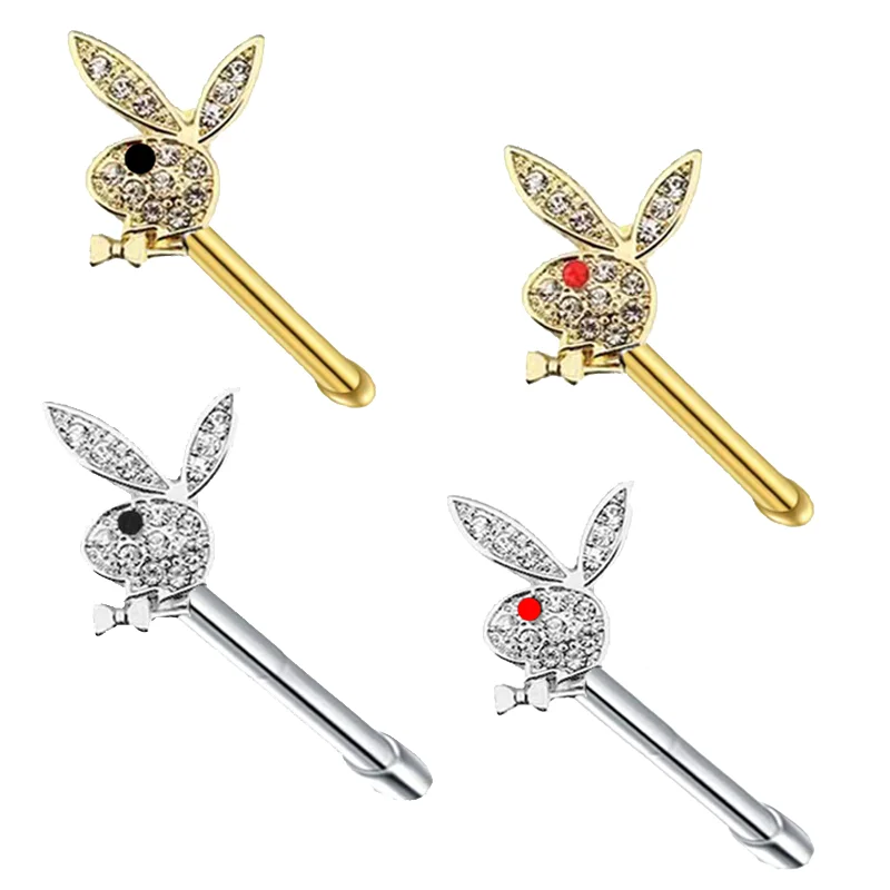 20G Straight Cute Bunny Ring Nose Piercing Stud Bunny Nase Piercing Crystal Rabbit Nose Stud Jewelry Septum Piercing Ring Nez