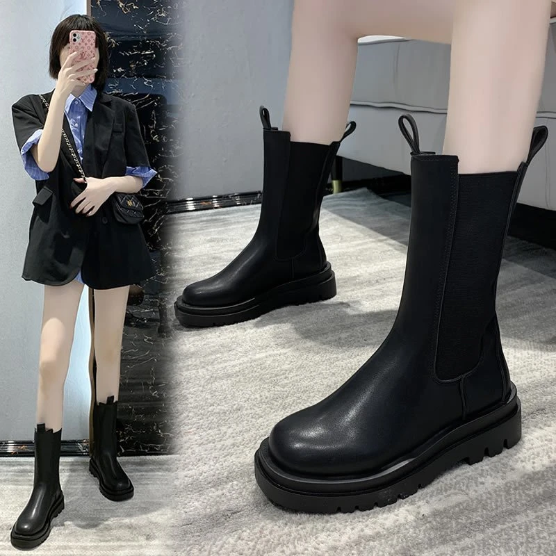 Женские ботильоны без шнуровки черные повседневные боевые ботинки на платформе