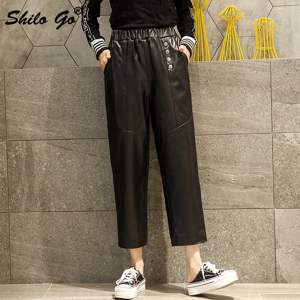 

Streetwear Buttons Front Detail Pants Womens Winter Casual Elastic Waist Genuine Leather Straight Pants Solid Sheepskin Trousers