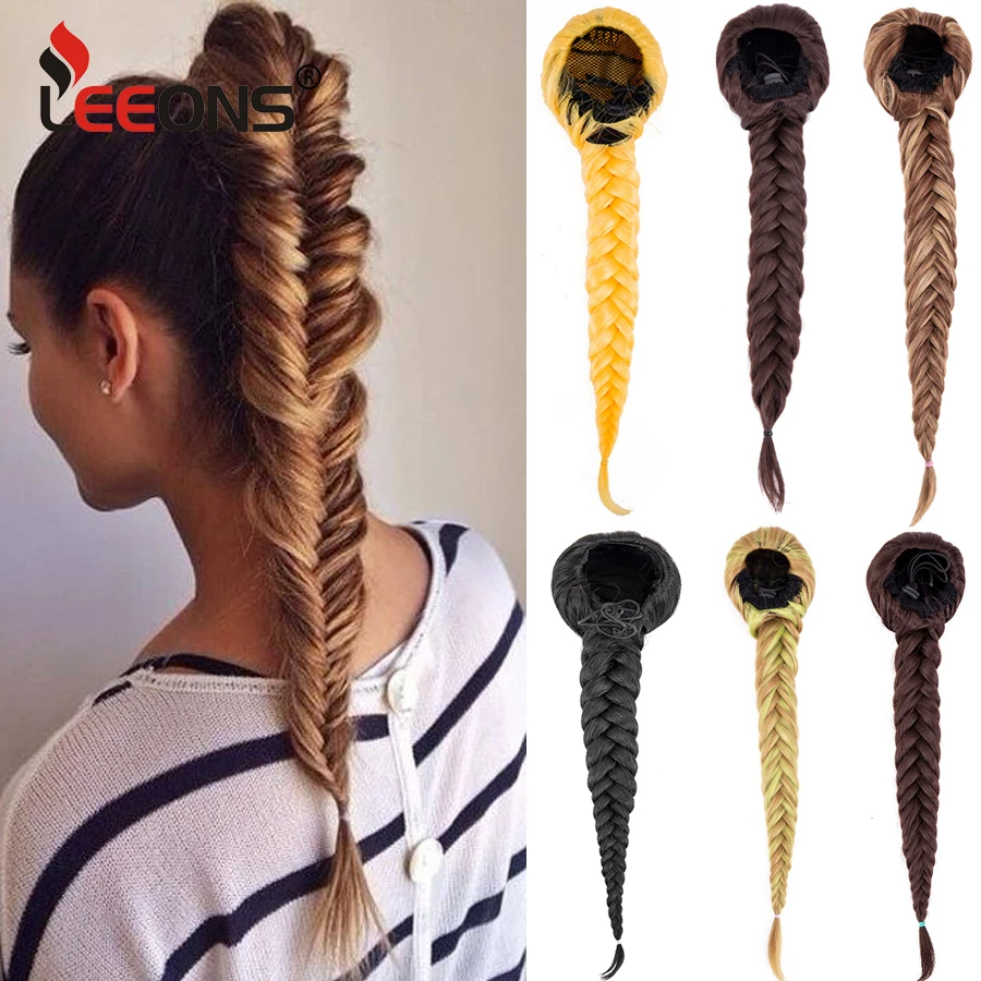 

Leenons Synthetic 15 Inch Fishtail Braid Extension Clip Ponytail Hairpieces Drawstring Braiding Hair Ponytail Black Brown Color