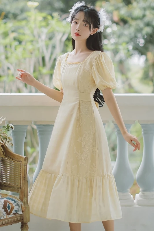 

women's clothing new summer fashion bow belt square collar dress solid color puff short sleeves dresses female