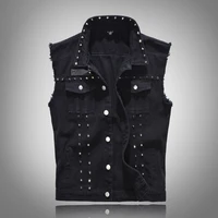 spring fall men black denim waistcoat cool rivet punk rock slim motorcycle style cowboy single breasted sleeveless jacket vest