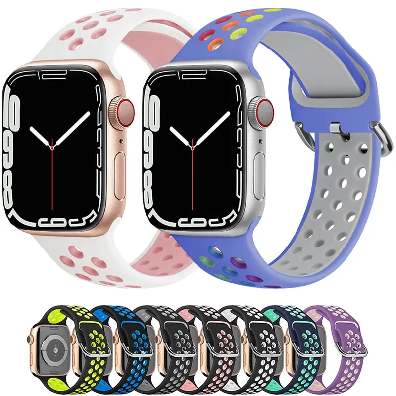 

Silicone Strap For Apple Watch Band 44mm 40mm 42mm 38mm 40 44 mm Breathable bracelet correa iWatch serie 3 6 5 4 SE 7 45mm 41mm