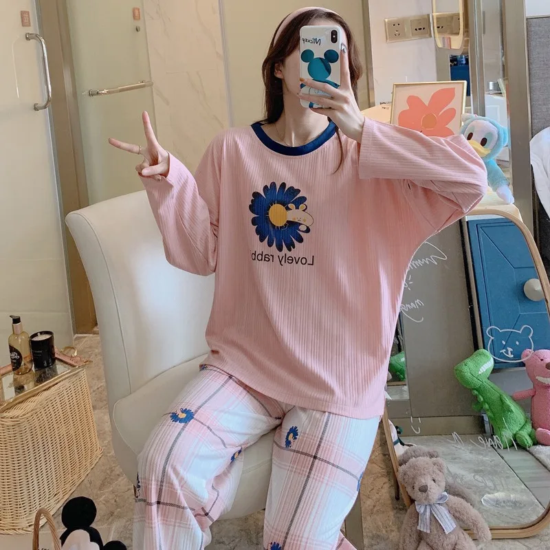 

Fall 2021 Pajamas Ladies Sweet Pull-over Checked Pajamas Pit with Combed Cotton Long Sleeve Daisies Casual Checked Pajamas Set