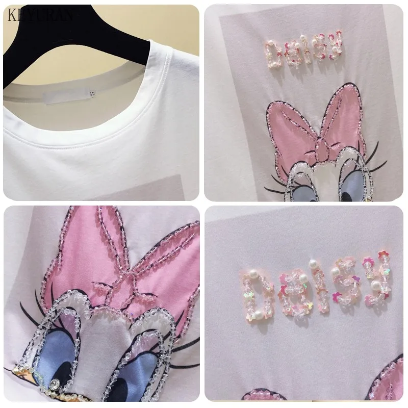 

Summer Funny T Shirt Women Silk Cotton Cartoon Beading Letter Duck T Shirt Perfect Quality Solid Women T Shirt