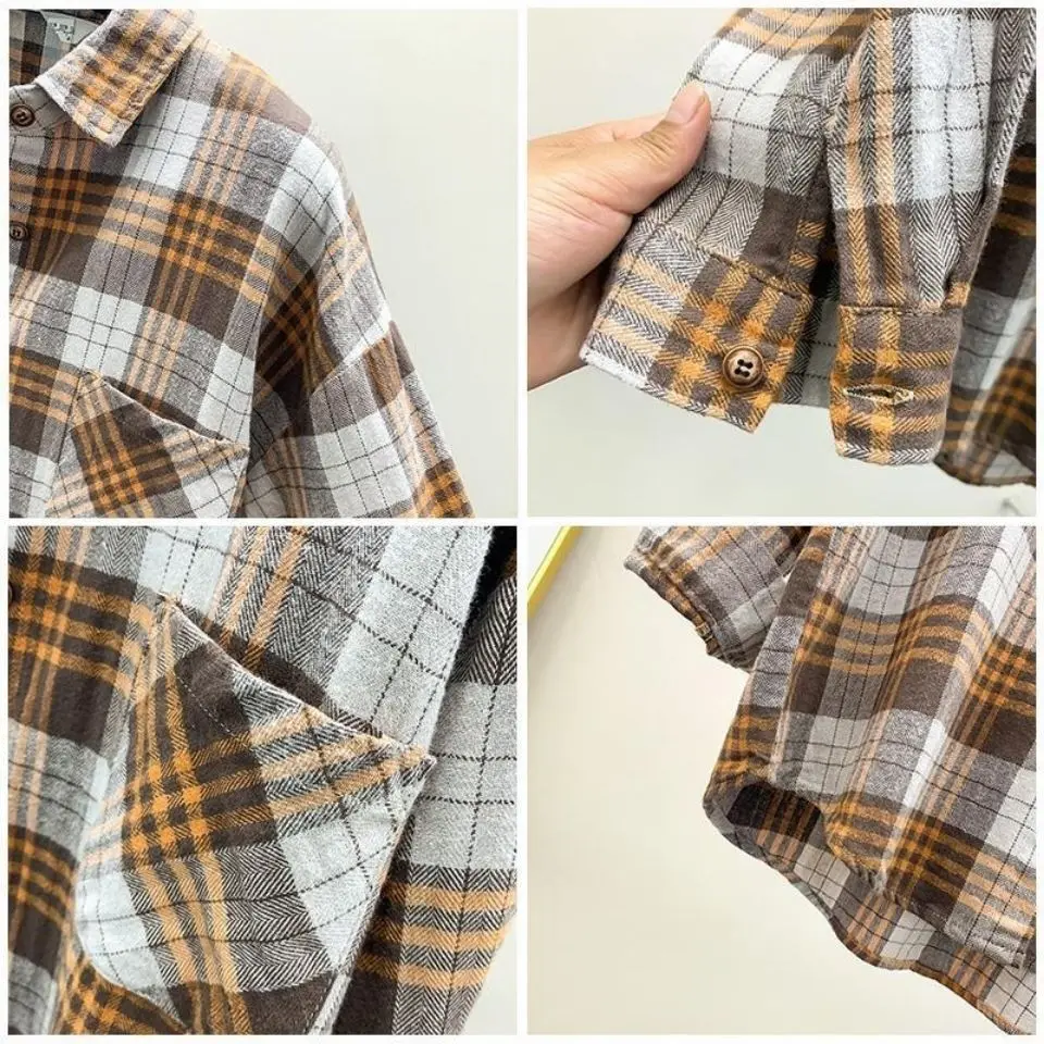 Женская рубашка блузка в клетку Женское пальто осенняя Свободная стиле ретро с