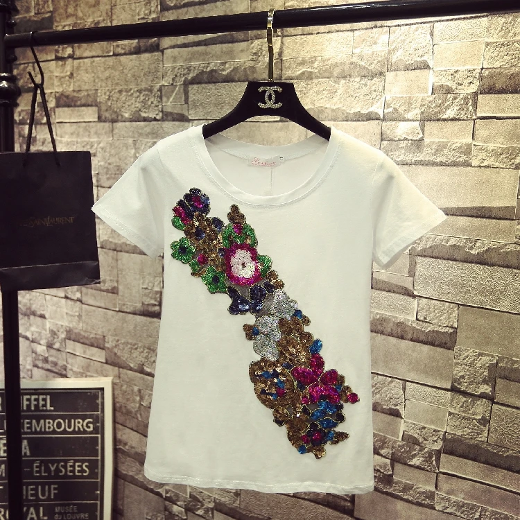 T-shirt Осенняя женская джинсовая куртка с вышитыми розами, цветочными бусинами, жемчужинами, пайетками, нашивками с погонами, рваная джинсовая куртка-бомбер - Цвет: T-shirt