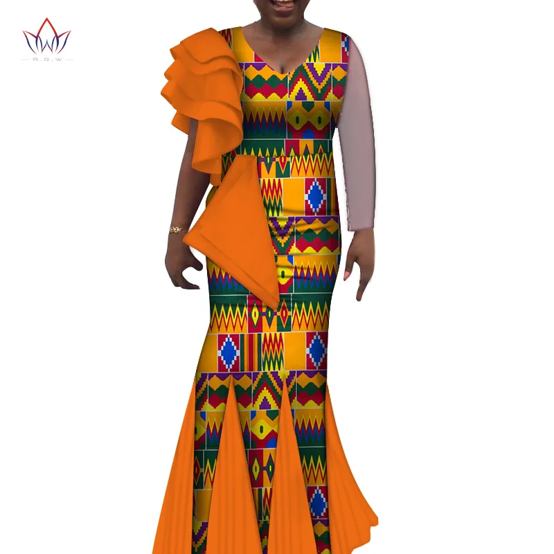 African Women Wedding Party Dress Bazin Riche African Clothing V Neck Print Long Dress Bridesmaid Dress Engagement Dress WY7278