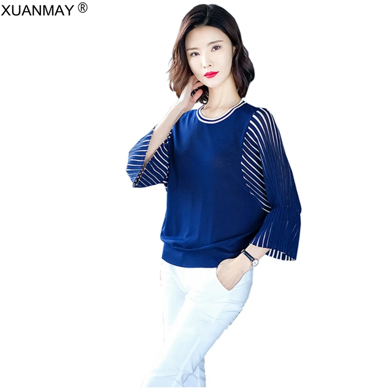 Autumn Knit Sweater Women 2021 Loose Casual Korean Middle Age Women's Pullover Dark Blue Vintage | Женская одежда