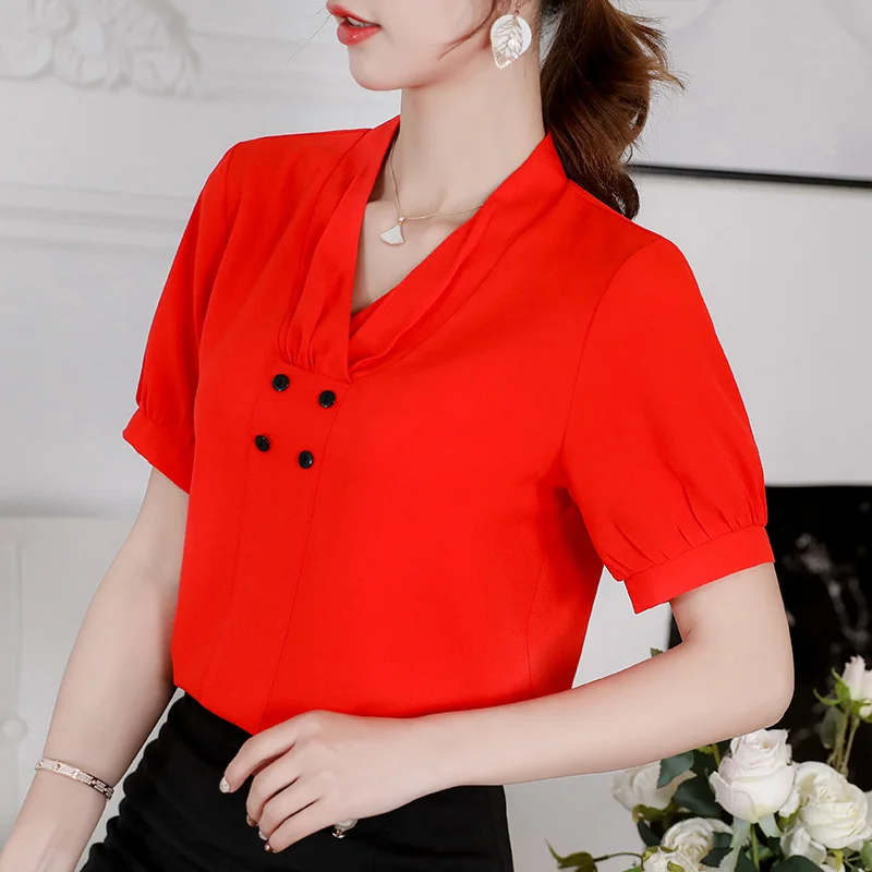 

Blusas Mujer De Moda 2021 Summer New Korean Fashion Shirt Shirt Casual Chiffon Solid V-Neck White Tops for Women Clothing 0997