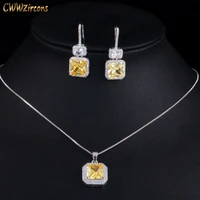 cwwzircons brand luxury fashion square yellow cubic zirconia dangle drop earrings and necklace for women fine jewelry sets t516