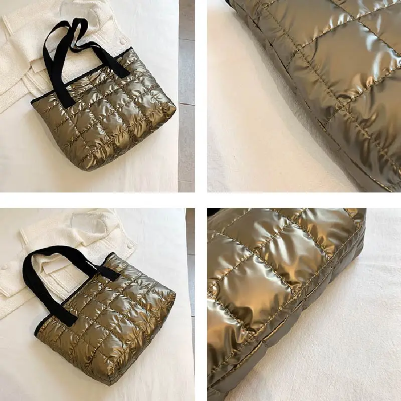 2021 new cotton tote handbags fashion winter quilted travel shoulder bags for women large capacity waterproof shopping purses free global shipping