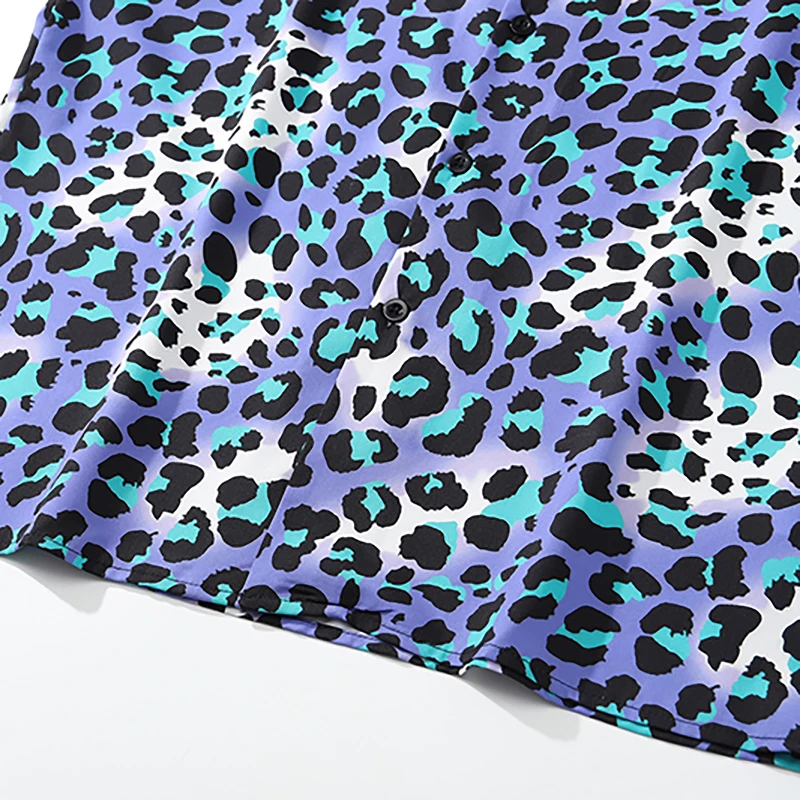 Harajuku Summer Hawaiian Beach Shirts Leopard Print Hip Hop Button Shirt Mens Fashion Short Sleeve Holiday Party Blouse Tops