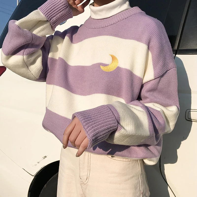 Женский свитер в японском стиле Kawaii Ulzzang свободный полоску ретро Женская милая
