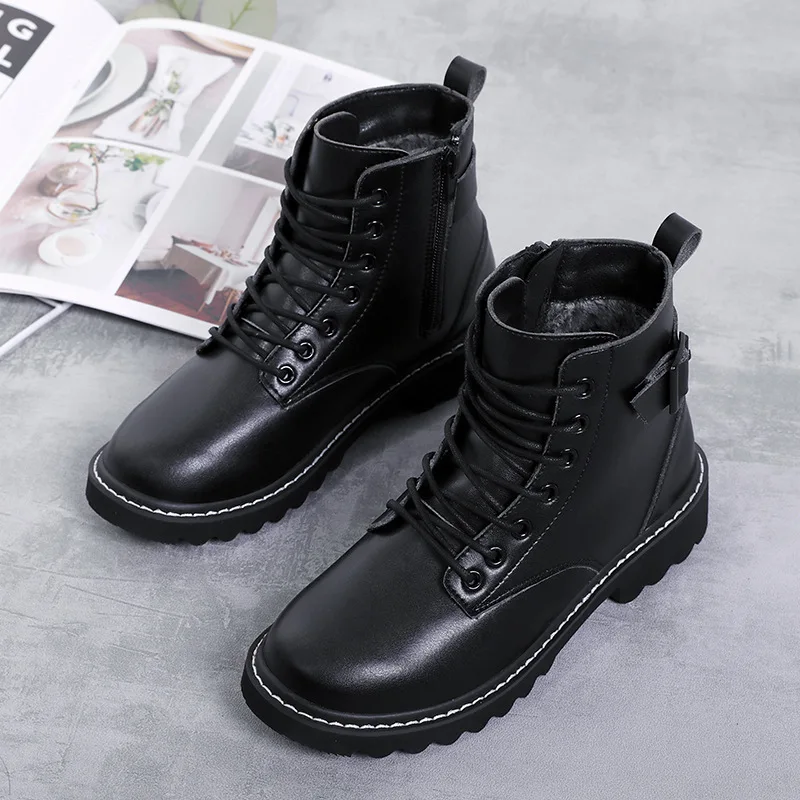 

Женские ботинки на платформе, Черные ботильоны из искусственной кожи на толстом каблуке, со шнуровкой, Осень-зима 2021