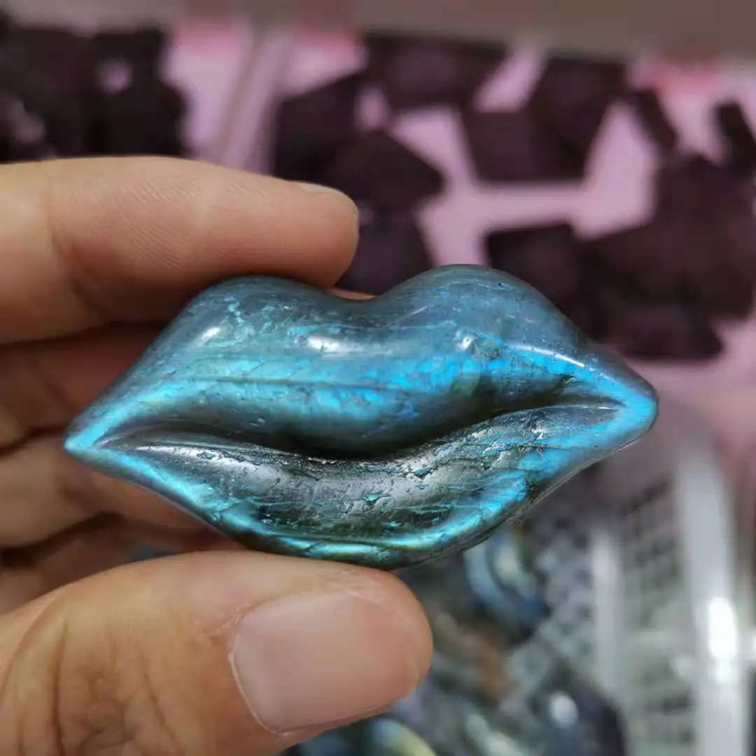 Natural Labradorite carved lips Figurine Hand Carved Crystal lip Statue Sculpture