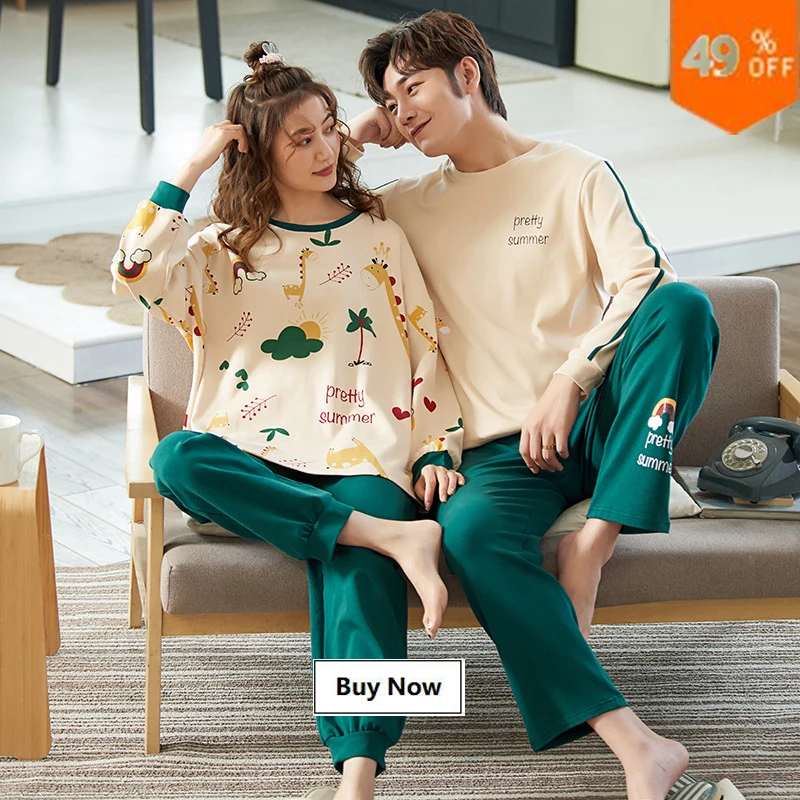 Foply Lovers Pyjamas 100% Cotton Pajama Full Sleeve Sets Cartoon Couple Pajamas For Women Sleepwear Sets Winter Pijama Mujer