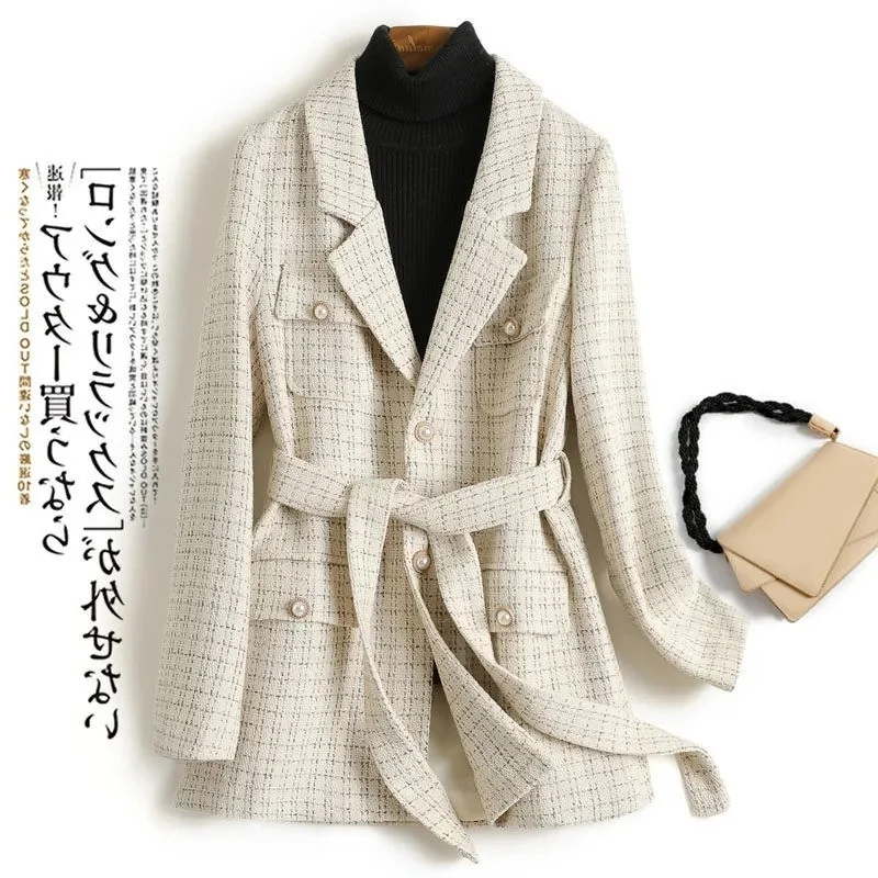 

Pearl Buttons Fashion Plaid Tweed Blazer Women V-Neck Lace Up Temperament France Style Suit Jacket Chic Lady Autumn Winter Coat