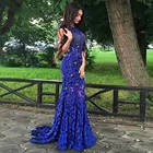 Женское длинное вечернее платье-русалка, синее элегантное кружевное платье с бусинами, длинное платье для выпускного вечера, 2022