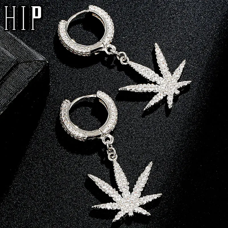 

Hip Hop 1Pair Iced Zircon Maple leaf Earring Micro Paved AAA+ Bling CZ Stone Earrings For Men Women Jewelry